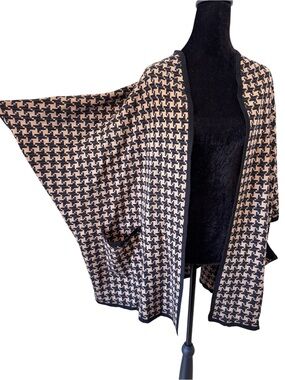 Pendleton Houndstooth Merino Wool Open Cardigan Pockets Black & Beige One Size
